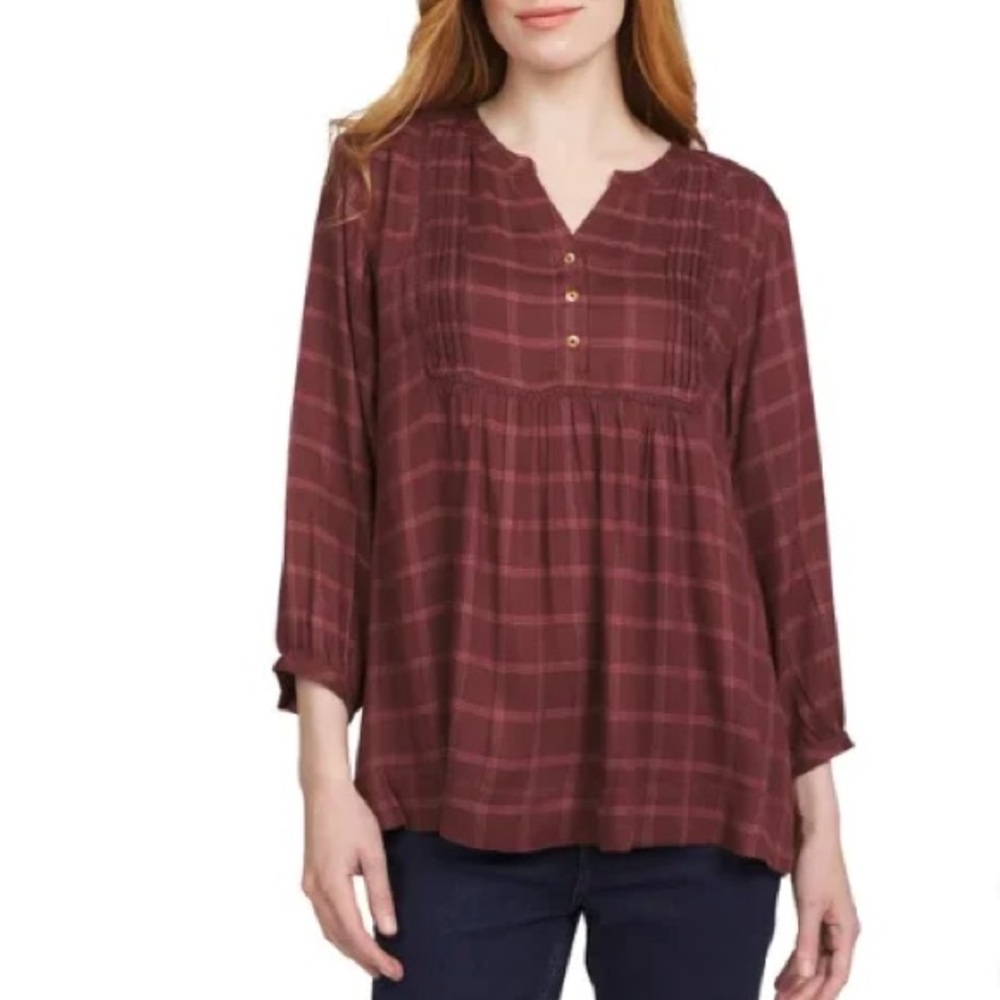 Wrangler Red 3/4 Sleeve Boxy Blouse with Mandarin Collar - Picture 1 of 3